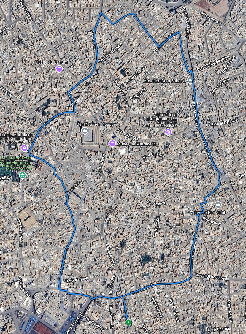 Geplande route binnnen de Medina van Marrakech